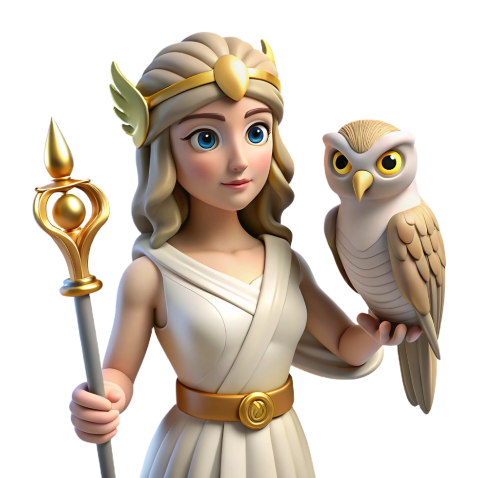 romantic picturesque Athena, Goddess of Wisdom, with owl, NO BACKGROUND with Transparent Background. flawless png