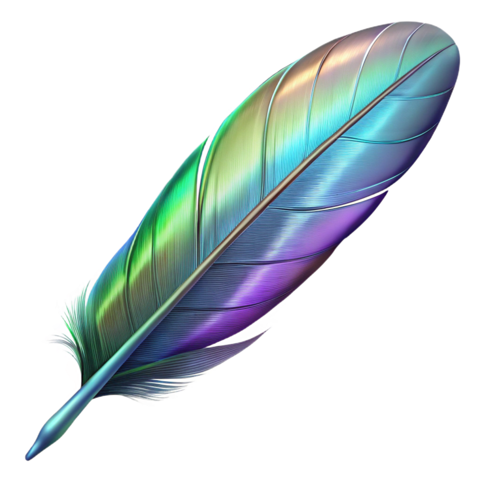 mesmerizing peaceful geometric A single, realistic feather with iridescent colors. NO BACKGROUND with Transparent Background. ultra HD png