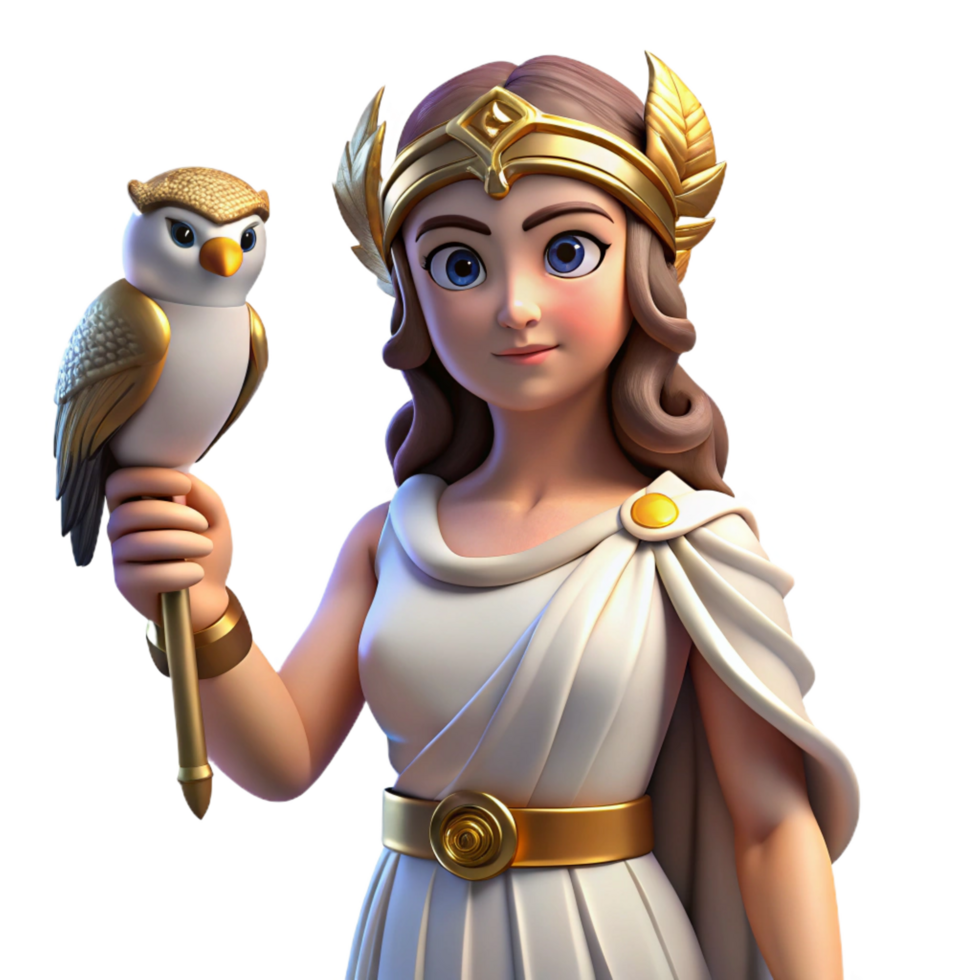 signature bohemian Athena, Greek goddess of wisdom, holding an owl NO BACKGROUND with Transparent Background. masterfully captured png