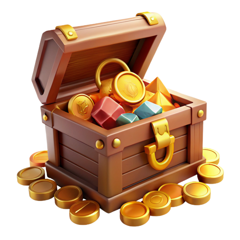 serene bold creative A treasure chest, overflowing with gold coins and jewels. NO BACKGROUND with Transparent Background. high quality png