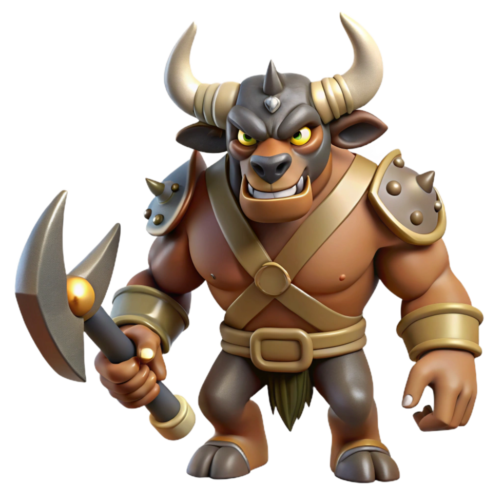 wonderful dramatic traditional A menacing minotaur, holding a double-headed axe. NO BACKGROUND with Transparent Background. high resolution png