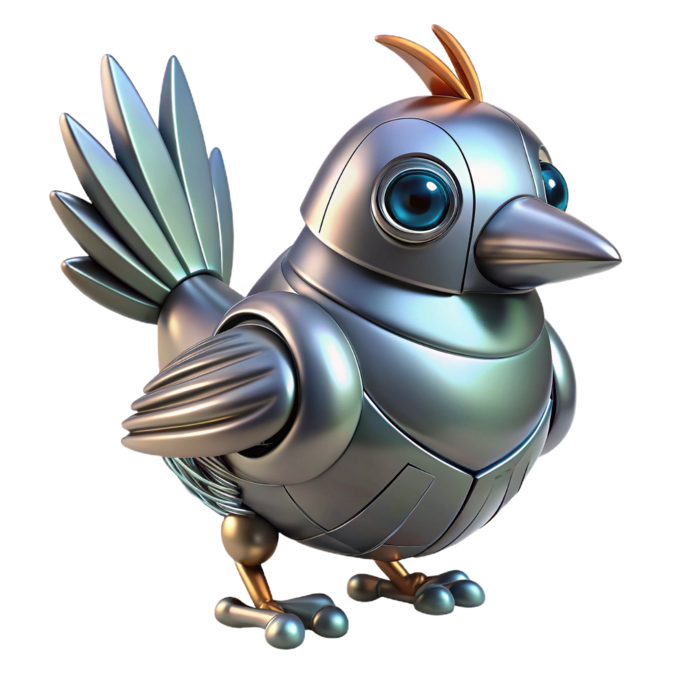 radiant distinguished Single robotic bird with metallic feathers NO BACKGROUND with Transparent Background. png