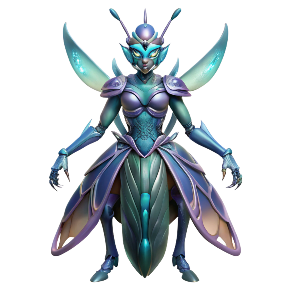 sumptuous romantic vintage Alien insect queen, chitinous armor, bioluminescent, NO BACKGROUND with Transparent Background. refined png