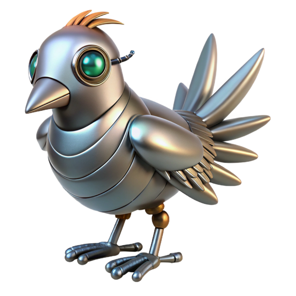 magnificent tranquil retro Robotic bird with metallic feathers and glowing eyes. NO BACKGROUND with Transparent Background. high resolution png