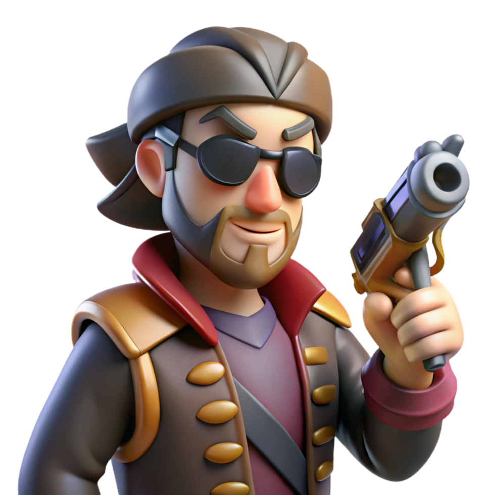 wonderful playful coastal Space pirate captain, scarred, eyepatch, holding plasma pistol, NO BACKGROUND with Transparent Background. expertly shot png
