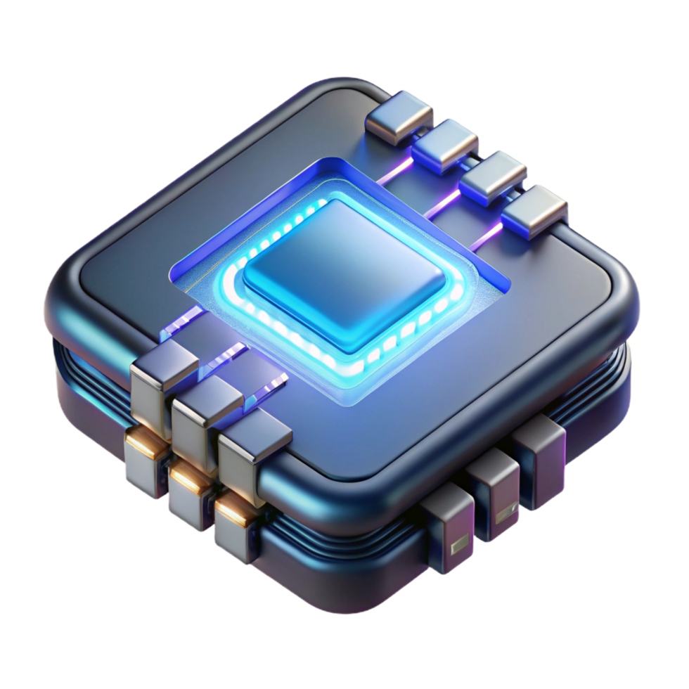 nostalgic picturesque Cyberpunk data chip with glowing circuits and metallic casing NO BACKGROUND with Transparent Background. exclusive png