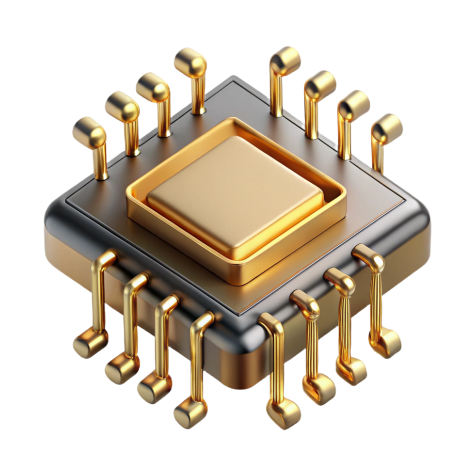 majestic remarkable Quantum computer processor with intricate gold wiring. NO BACKGROUND with Transparent Background. png