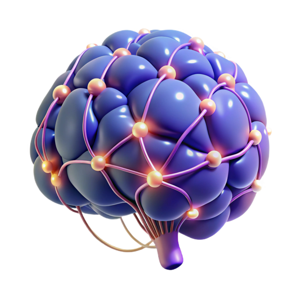 romantic vibrant A stylized brain, depicted with glowing neural pathways. NO BACKGROUND with Transparent Background. refined png
