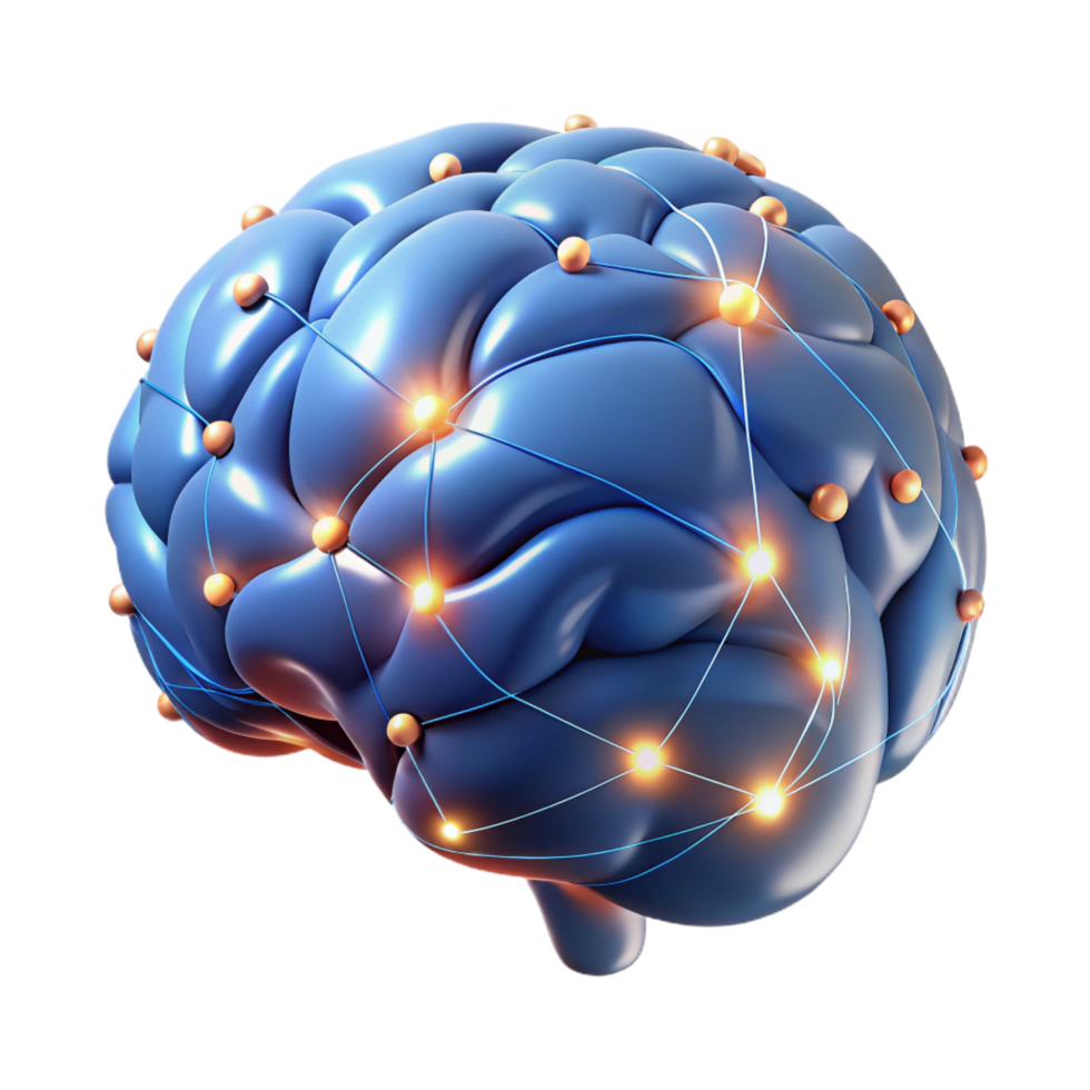 tranquil striking A single, human brain with glowing neural connections. NO BACKGROUND with Transparent Background. high quality png