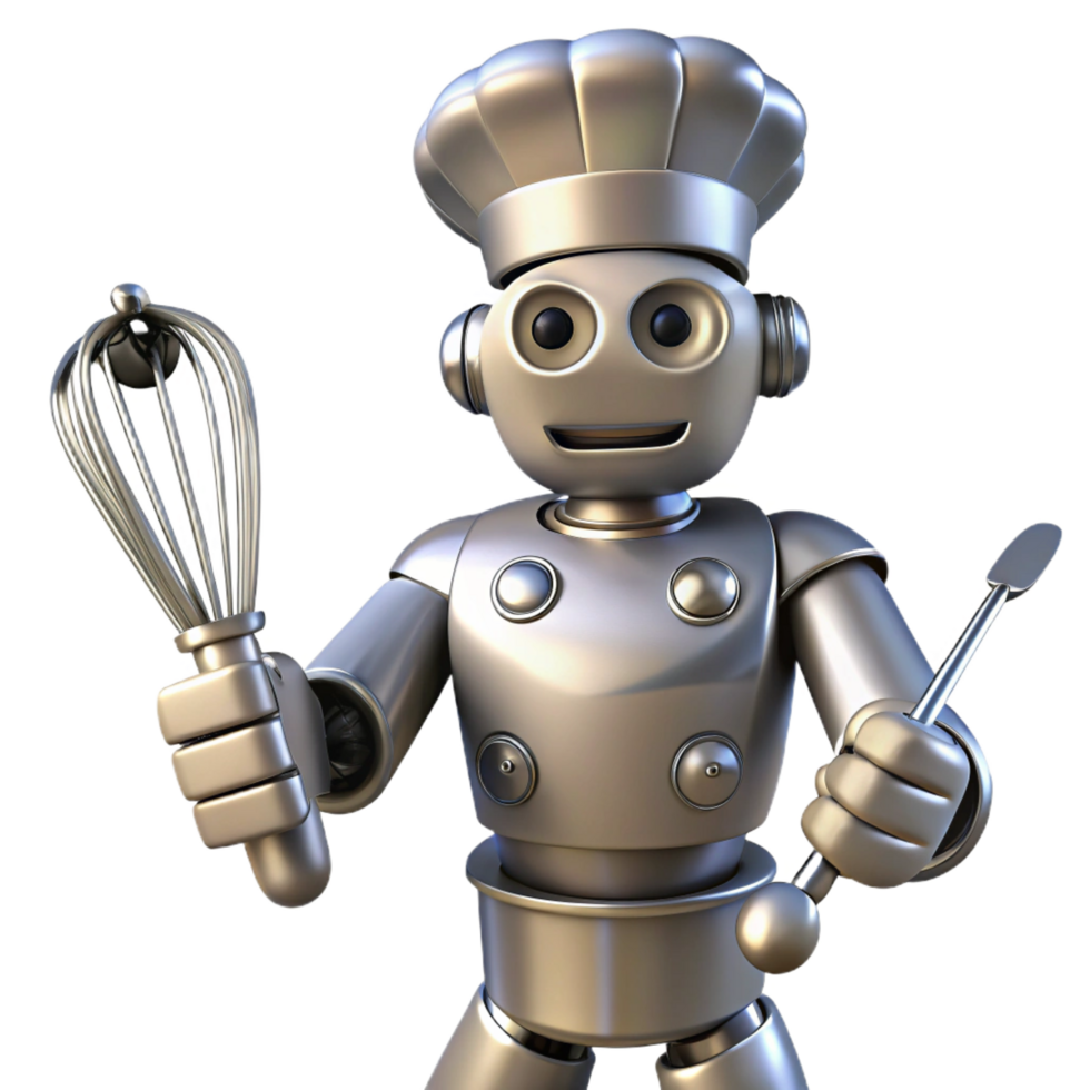 splendid memorable Robot chef, metallic, multiple arms, whisking, NO BACKGROUND with Transparent Background. png