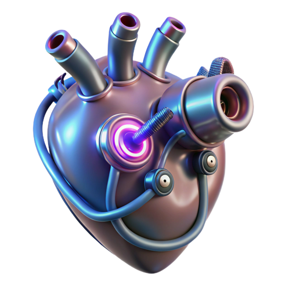 striking celebrated Cybernetic heart with glowing wires and mechanical valves NO BACKGROUND with Transparent Background. png