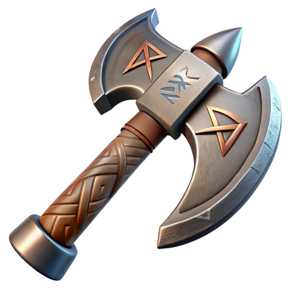 majestic iconic Dwarf axe, double-headed, rune-inscribed, sturdy handle NO BACKGROUND with Transparent Background. png