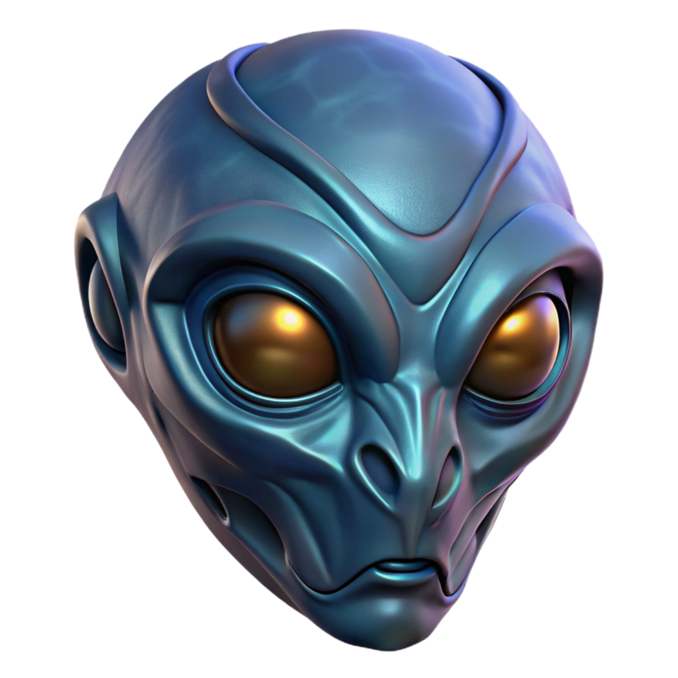 tranquil fascinating Alien mask with intricate carvings and glowing eyes. NO BACKGROUND with Transparent Background. detailed png