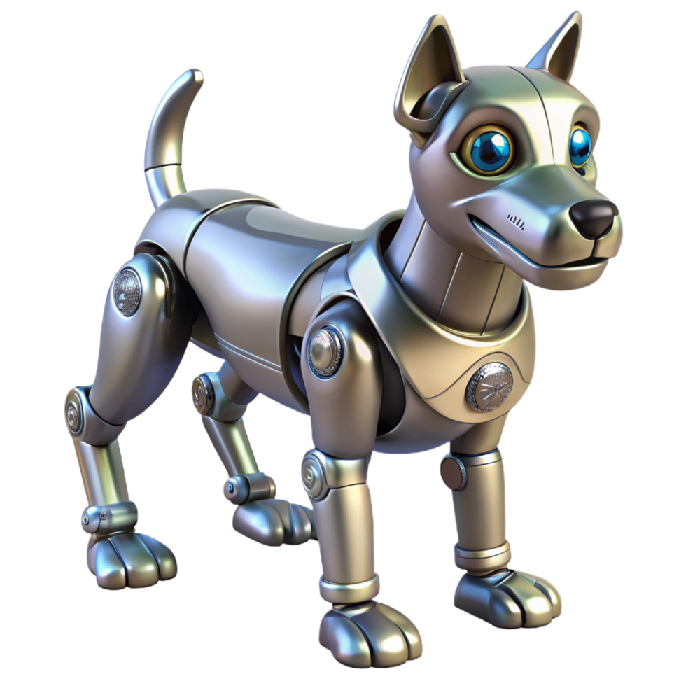 radiant notable Robot dog, metallic, articulated joints, sensor array, NO BACKGROUND with Transparent Background. png