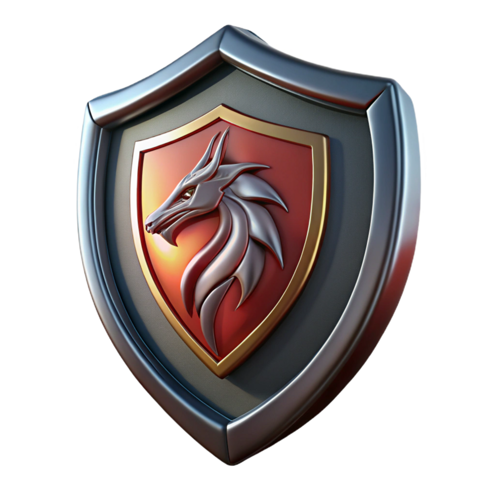 sumptuous mid-century A stylized, metallic shield with a dragon emblem. NO BACKGROUND with authentic png