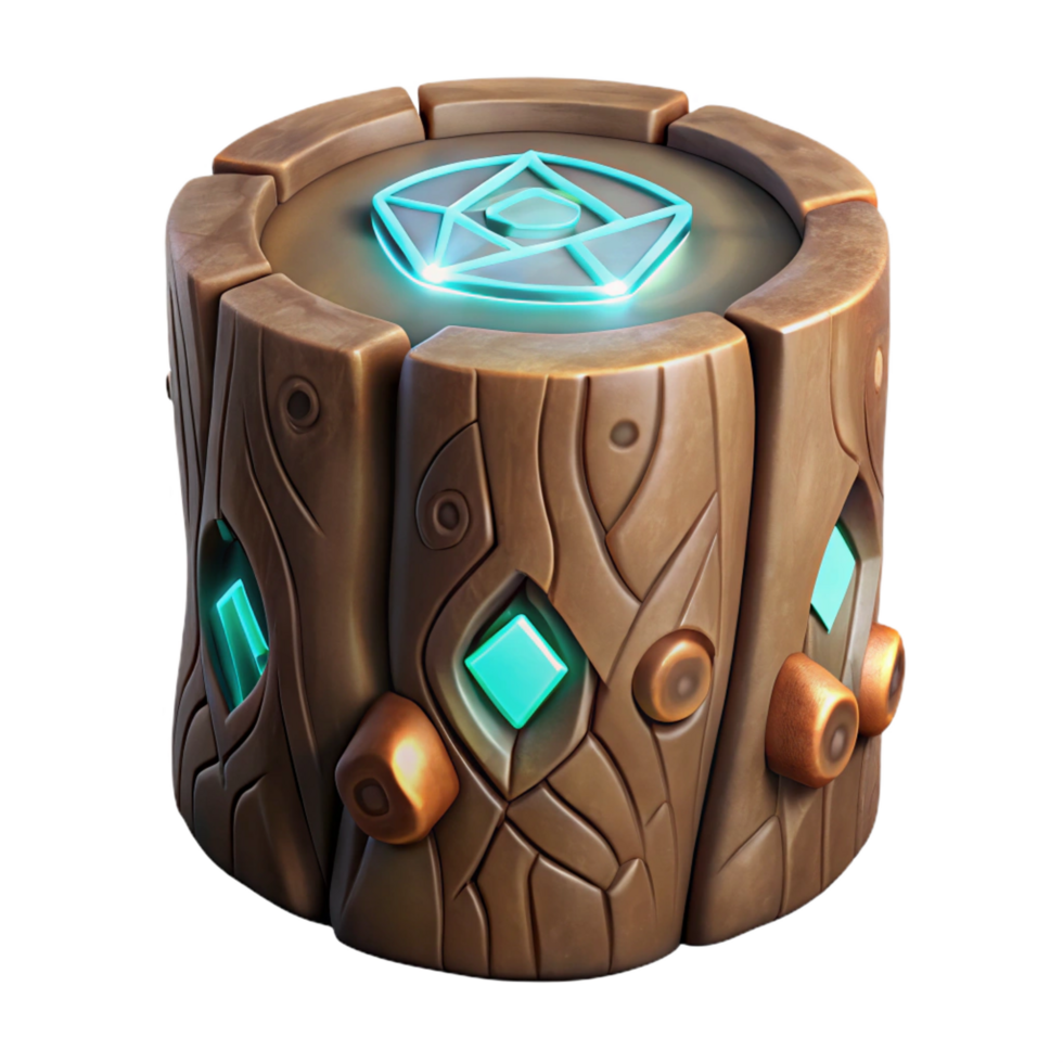 wonderful mid-century Tree stump, glowing runes carved into it NO BACKGROUND with Transparent Background. handcrafted png