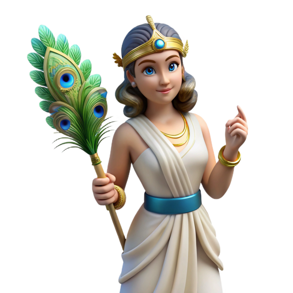 immaculate playful classic Hera, Greek goddess of marriage, with a peacock feather NO BACKGROUND with Transparent Background. flawless png