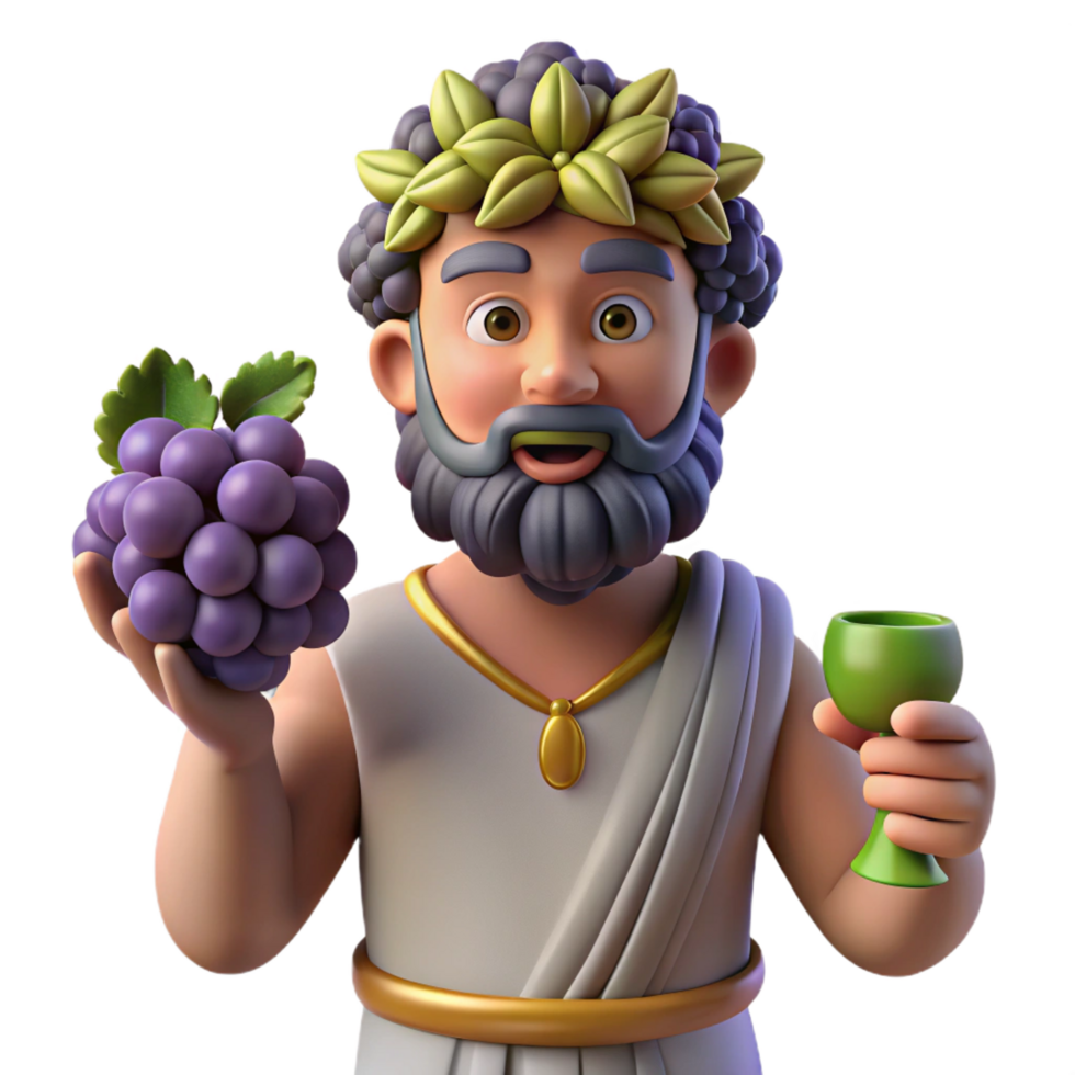 vibrant peaceful modern Dionysus, God of Wine, holding grapes, NO BACKGROUND with Transparent Background. impeccable png