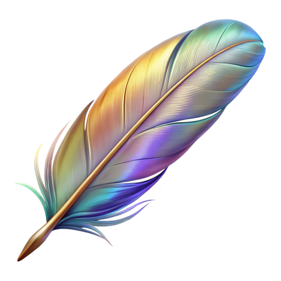 magnificent tranquil organic A single, realistic feather with iridescent colors. NO BACKGROUND with Transparent Background. flawless png