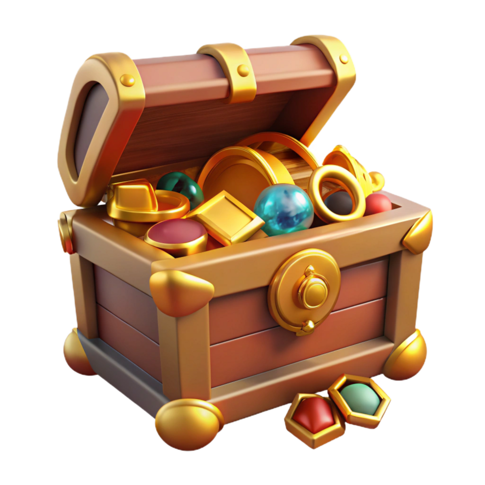 sumptuous geometric A treasure chest overflowing with gold coins and jewels. NO BACKGROUND with Transparent Background. masterfully captured png