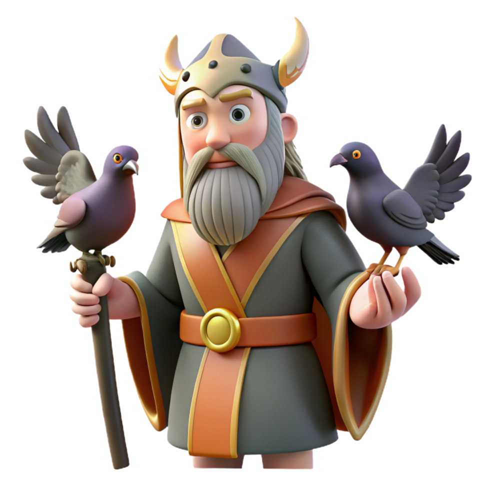 mysterious pristine Odin, Norse god, with his ravens NO BACKGROUND with Transparent Background. premium png