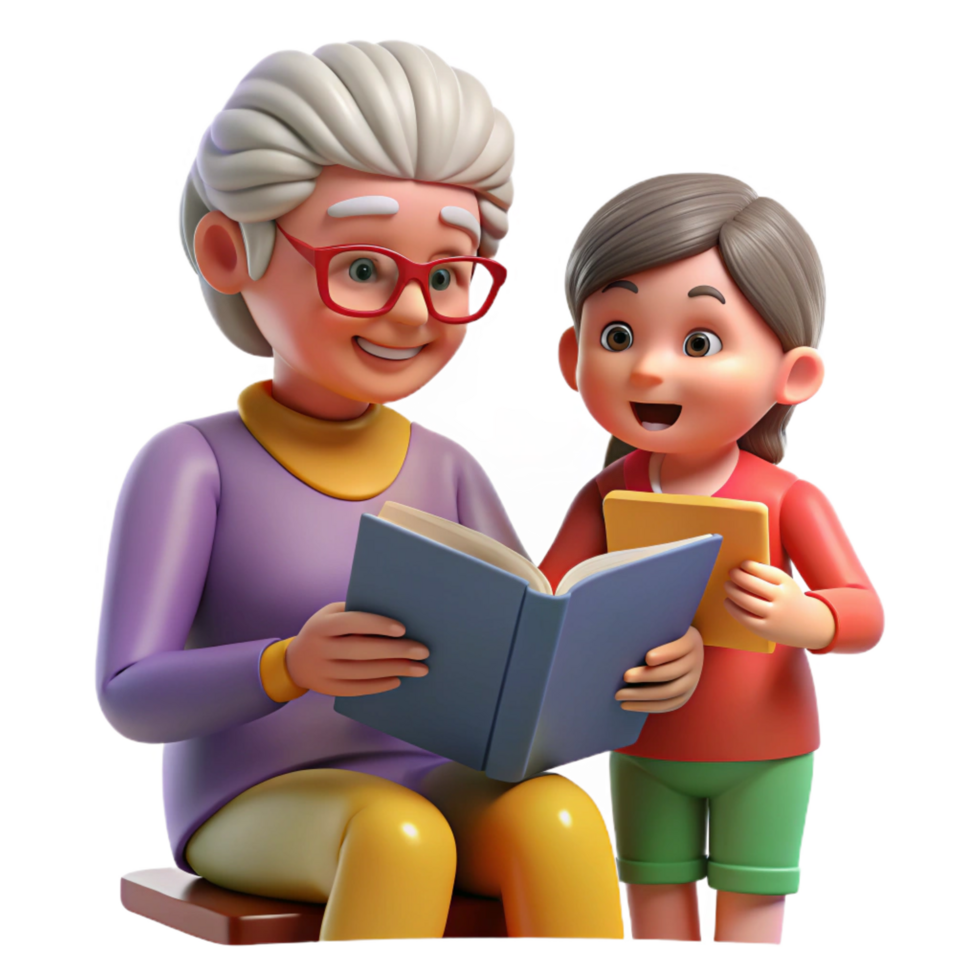 striking exemplary Grandmother reading to grandchild NO BACKGROUND with Transparent Background. png