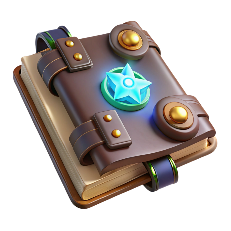 playful vibrant Ancient spellbook, leather bound, glowing runes, open to a page of arcane symbols NO BACKGROUND with Transparent Background. detailed png