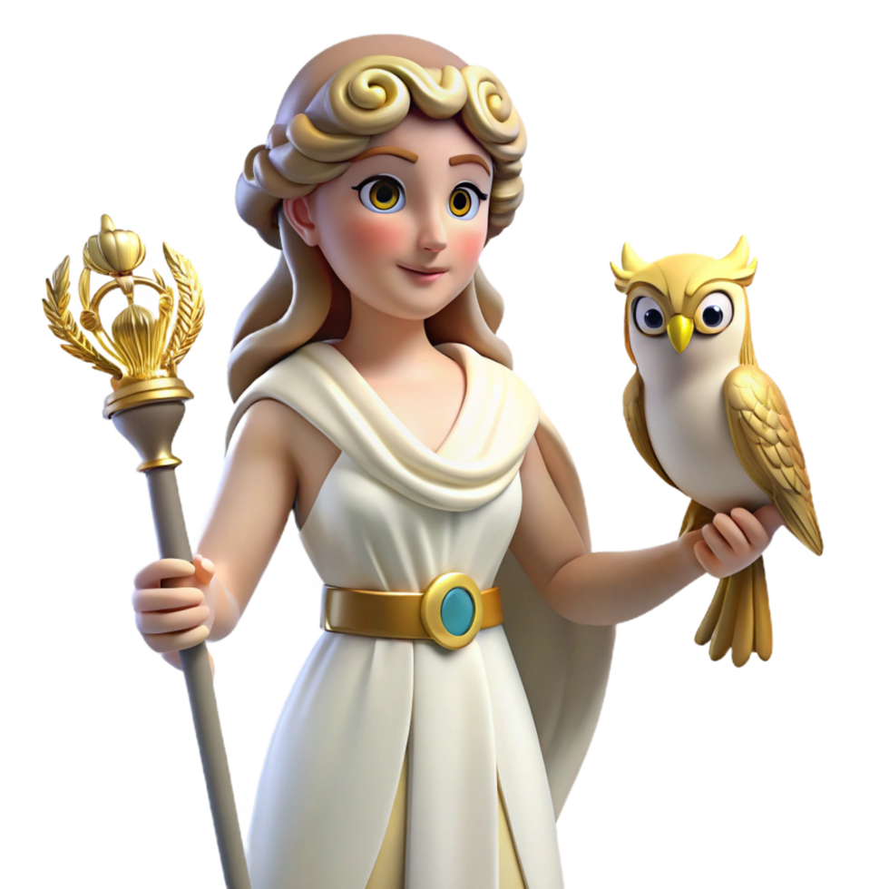 immaculate calm creative Athena, Greek goddess of wisdom, holding an owl NO BACKGROUND with Transparent Background. refined png