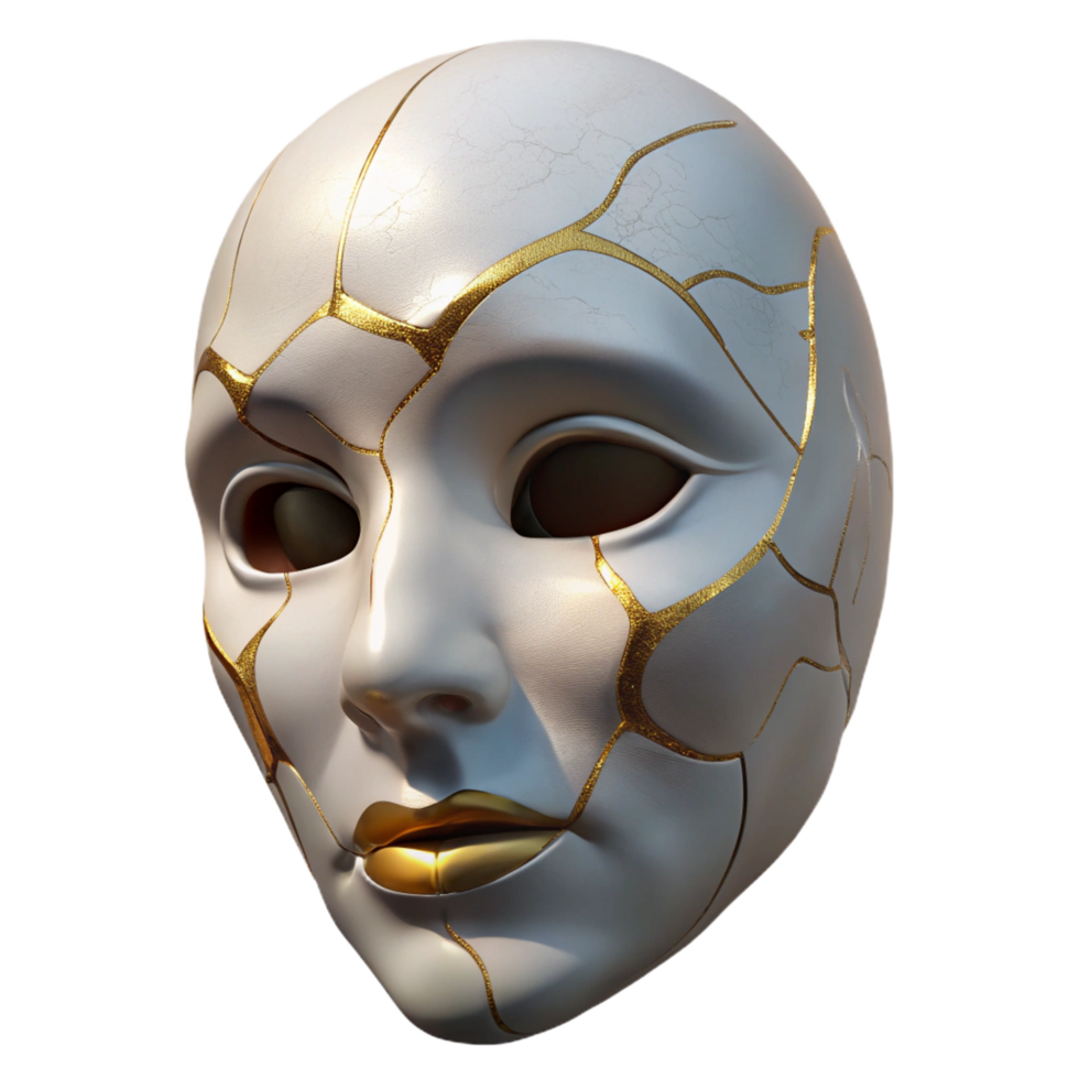 radiant tranquil art deco A cracked porcelain mask with golden veins. NO BACKGROUND with Transparent Background. artisan png