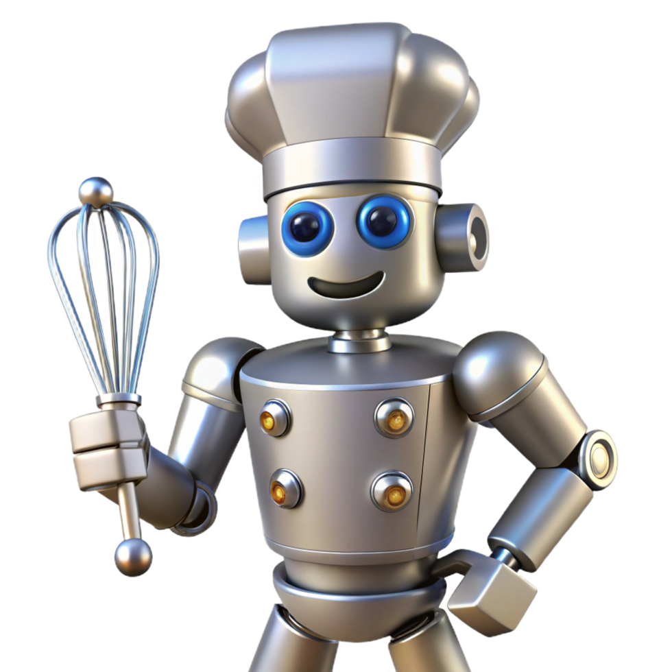 gorgeous coastal Robot chef, metallic, multiple arms, whisking, NO BACKGROUND with Transparent Background. studio quality png