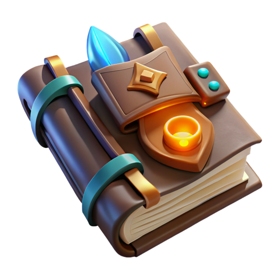 fascinating joyful tropical Ancient spellbook, leather bound, glowing runes, open to a page of arcane symbols NO BACKGROUND with Transparent Background. high resolution png