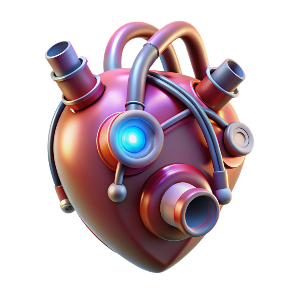 splendid energetic minimalist Cybernetic heart with glowing wires and mechanical valves NO BACKGROUND with Transparent Background. perfect clarity png