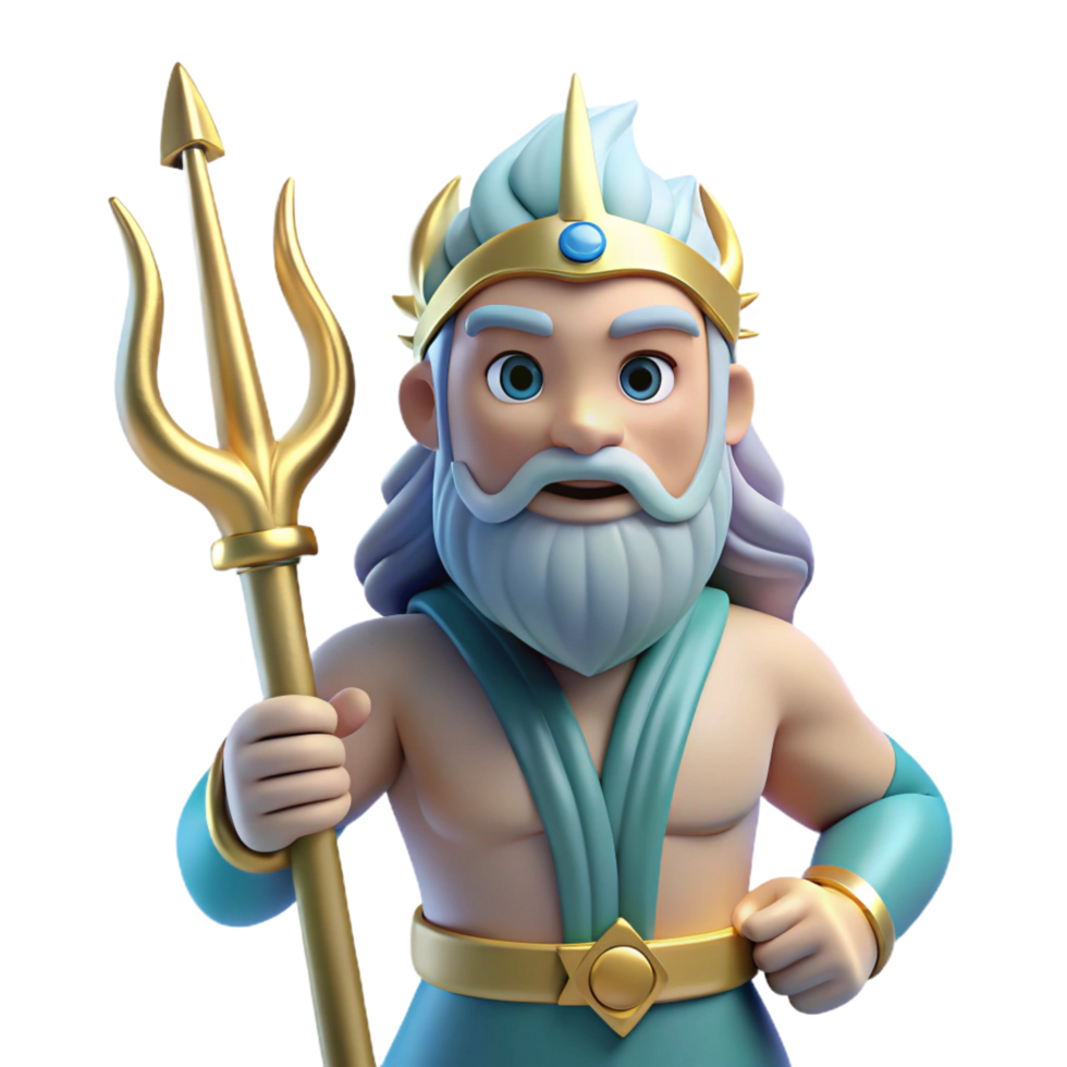 majestic reflective urban Poseidon, God of the Sea, holding trident, NO BACKGROUND with Transparent Background. studio quality png