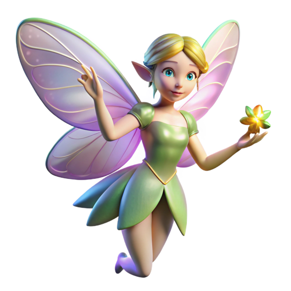 signature coastal A delicate fairy with iridescent wings, holding a glowing flower. NO BACKGROUND with Transparent Background. high quality png
