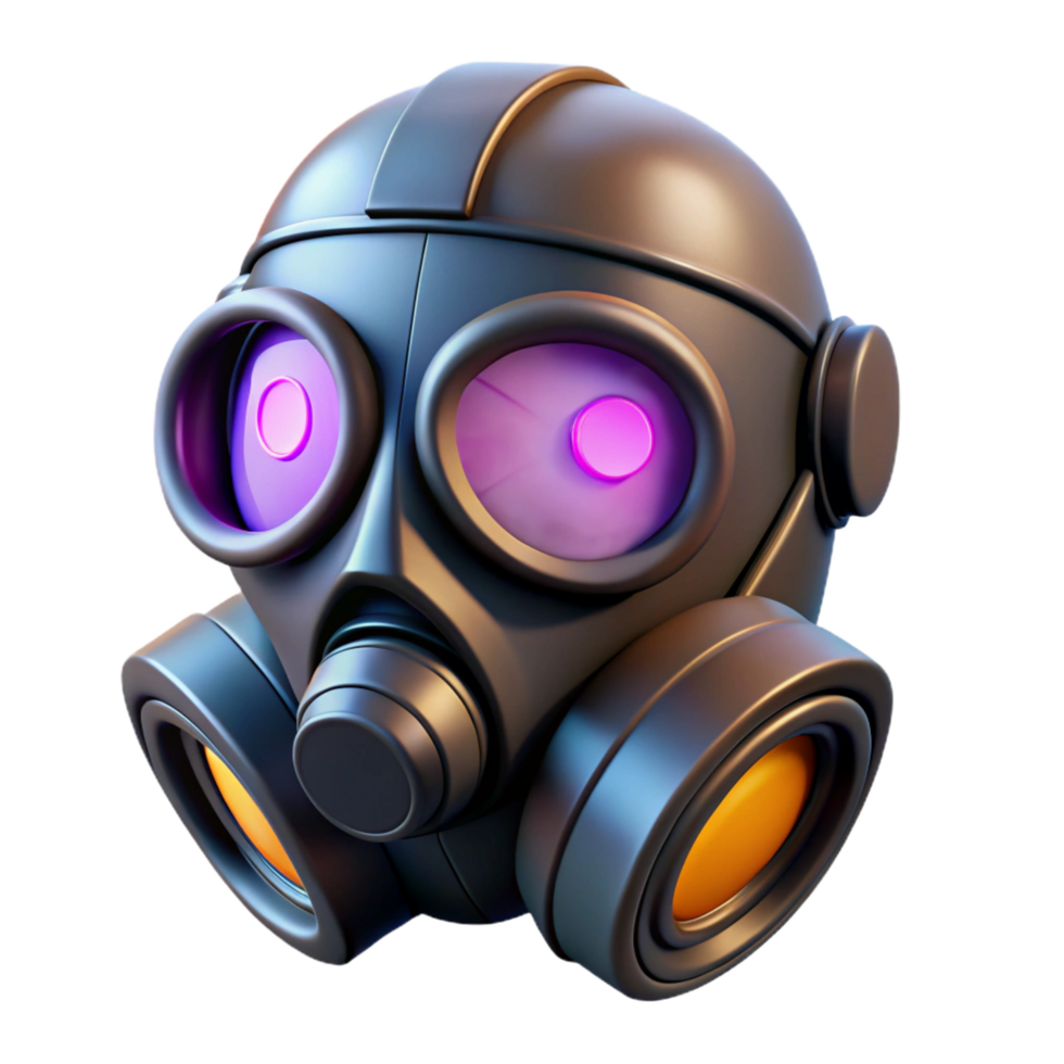 striking whimsical contemporary Cyberpunk gas mask with glowing lenses NO BACKGROUND with Transparent Background. luxury png
