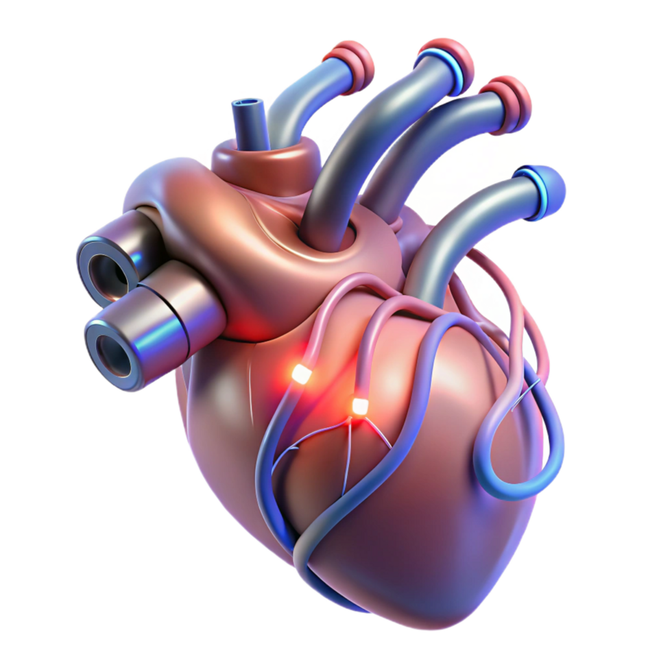 unparalleled mid-century Cybernetically enhanced human heart with glowing wires NO BACKGROUND with Transparent Background. gallery standard png