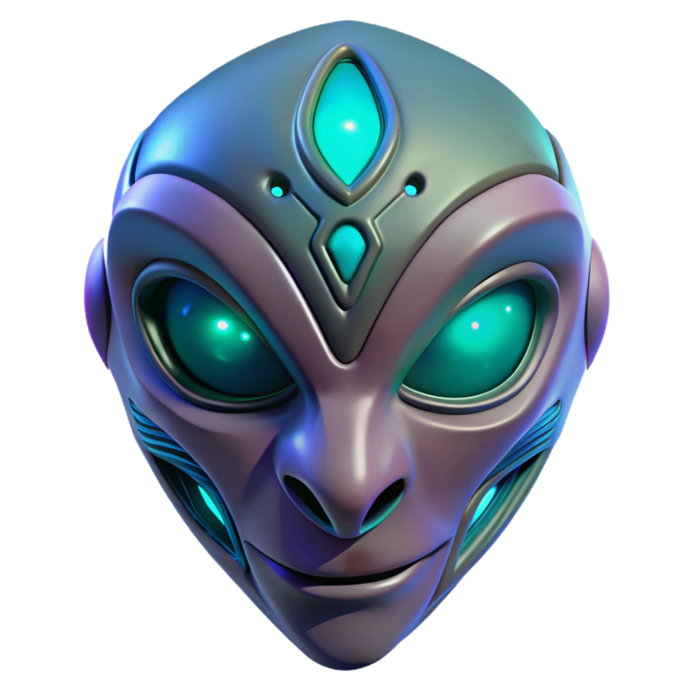 standout coastal Alien mask, tribal design, glowing eyes, NO BACKGROUND with Transparent Background. precision png