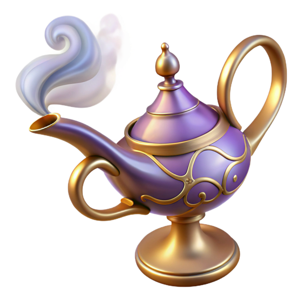 joyful enchanting Magic lamp, ornate design, genie smoke, NO BACKGROUND with Transparent Background. exclusive png