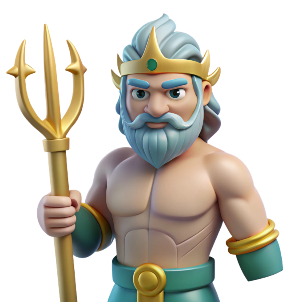 picturesque avant-garde Poseidon, Greek god of the sea, holding a trident NO BACKGROUND with Transparent Background. expertly shot png