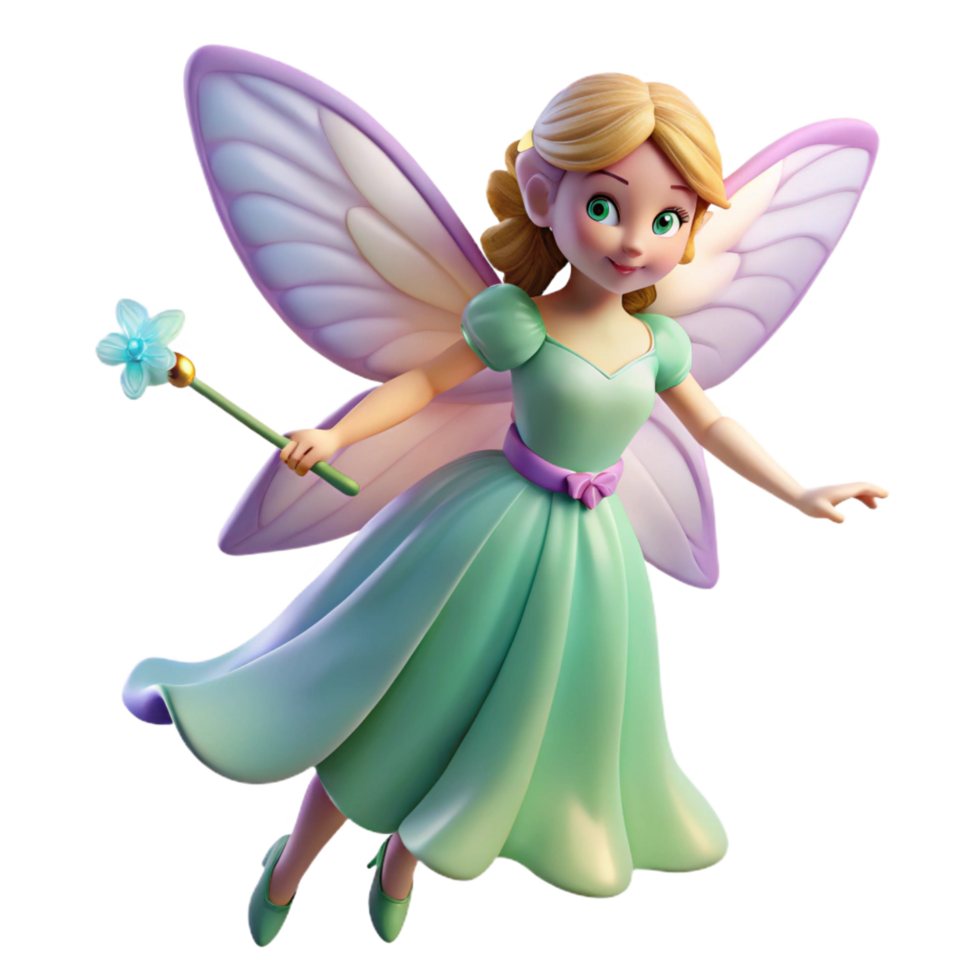 vibrant standout Winged fairy, delicate wings, flowing dress, holding a magic wand NO BACKGROUND with Transparent Background. png