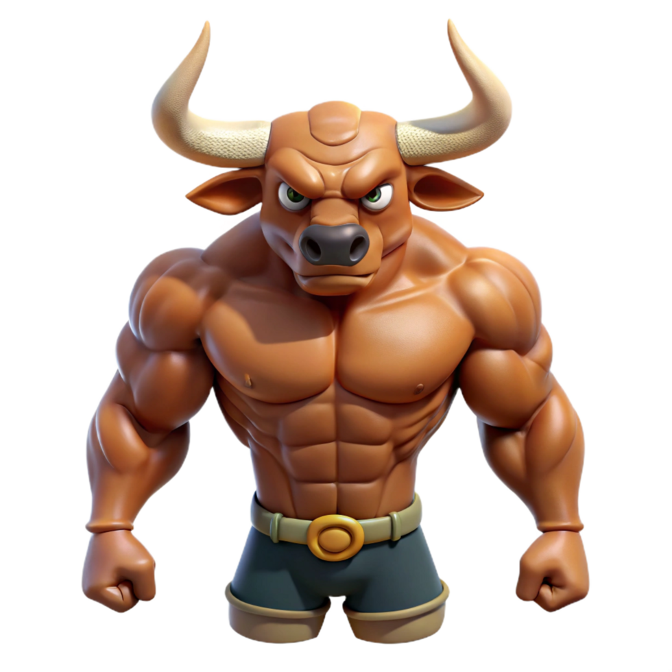 joyful mesmerizing Minotaur, bull-headed humanoid, muscular and aggressive, NO BACKGROUND with Transparent Background. detailed png