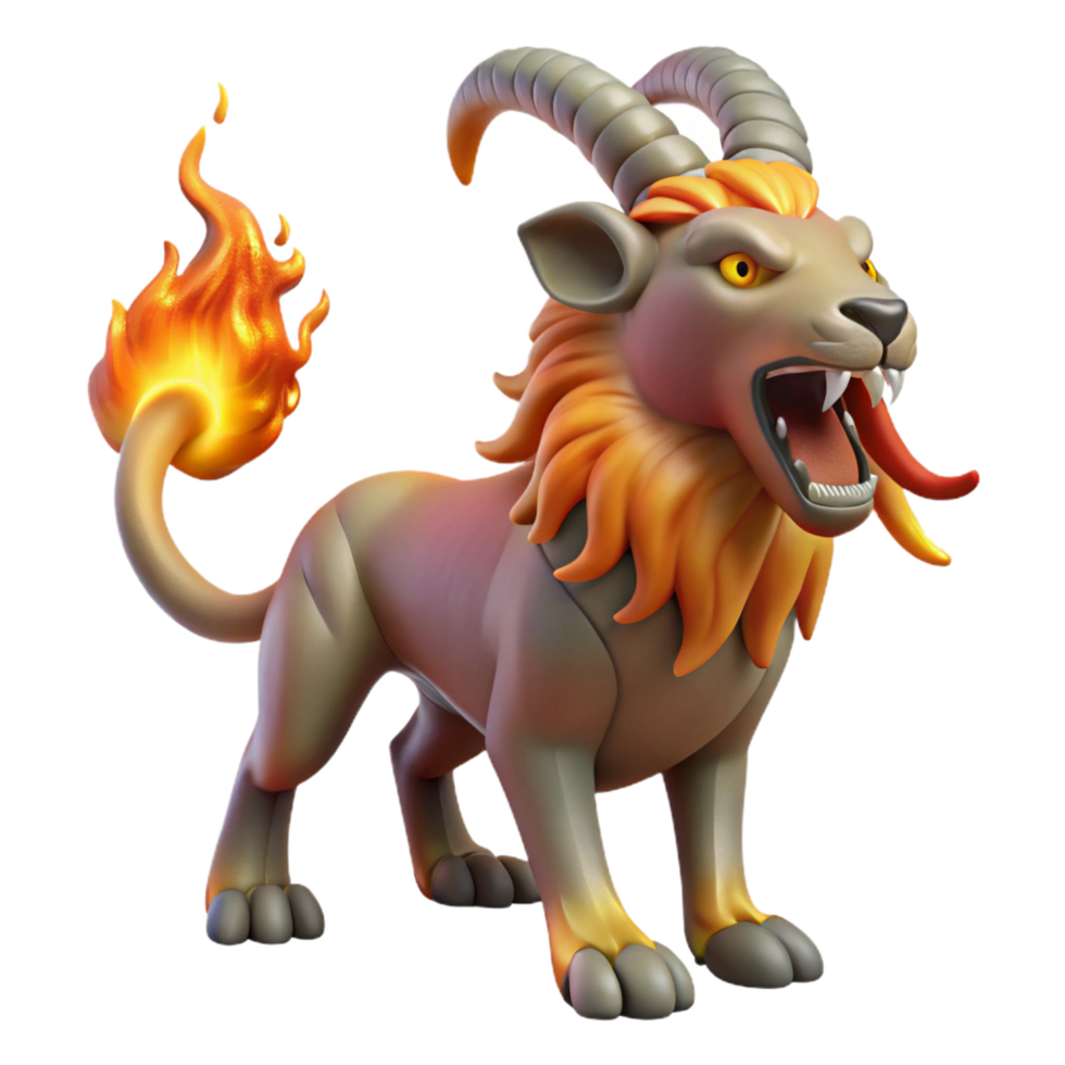 tranquil extraordinary Chimera, fire-breathing monster, goat, lion, snake hybrid, NO BACKGROUND with Transparent Background. museum quality png