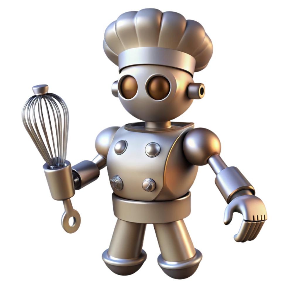 mesmerizing melancholic vintage Robot chef, metallic, multiple arms, whisking, NO BACKGROUND with Transparent Background. precision png