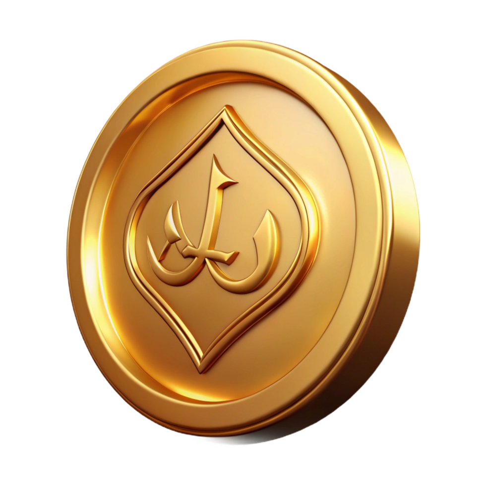 serene remarkable Single gold coin, embossed design, ancient script, NO BACKGROUND with Transparent Background. png