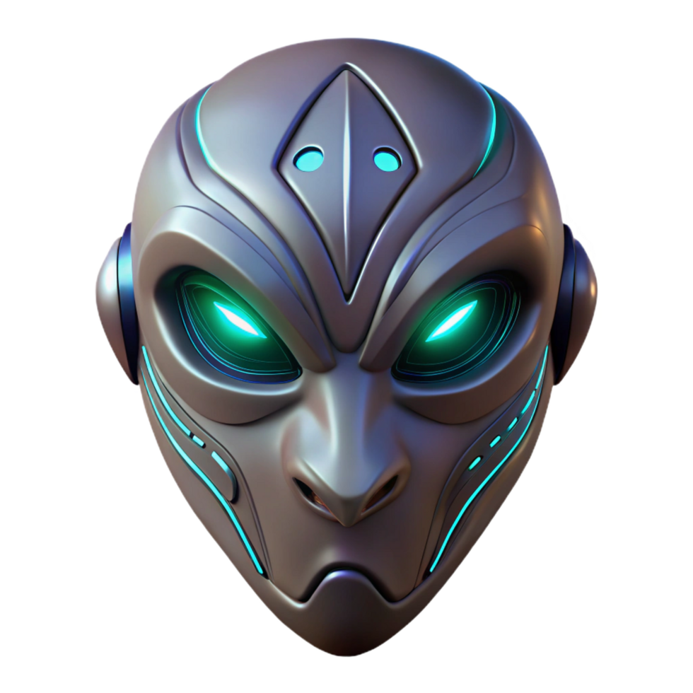 notable artistic Alien mask, tribal design, glowing eyes, NO BACKGROUND with Transparent Background. elite png