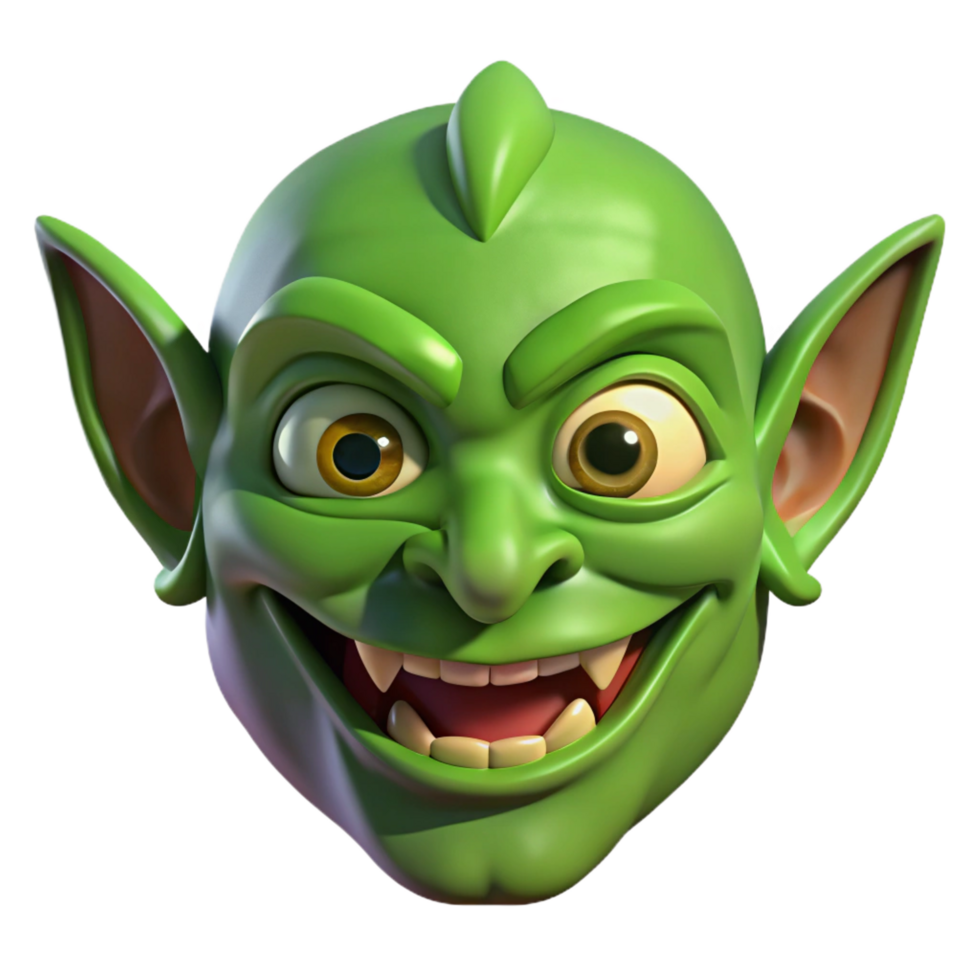 magnificent surreal Goblin face, green skin, sharp teeth, mischievous grin NO BACKGROUND with Transparent Background. masterfully captured png