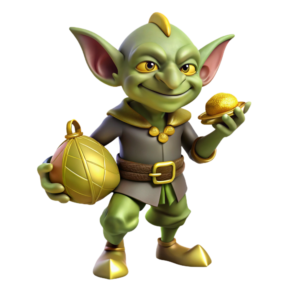 impressive acclaimed A mischievous goblin, holding a stolen pouch of gold. NO BACKGROUND with Transparent Background. png