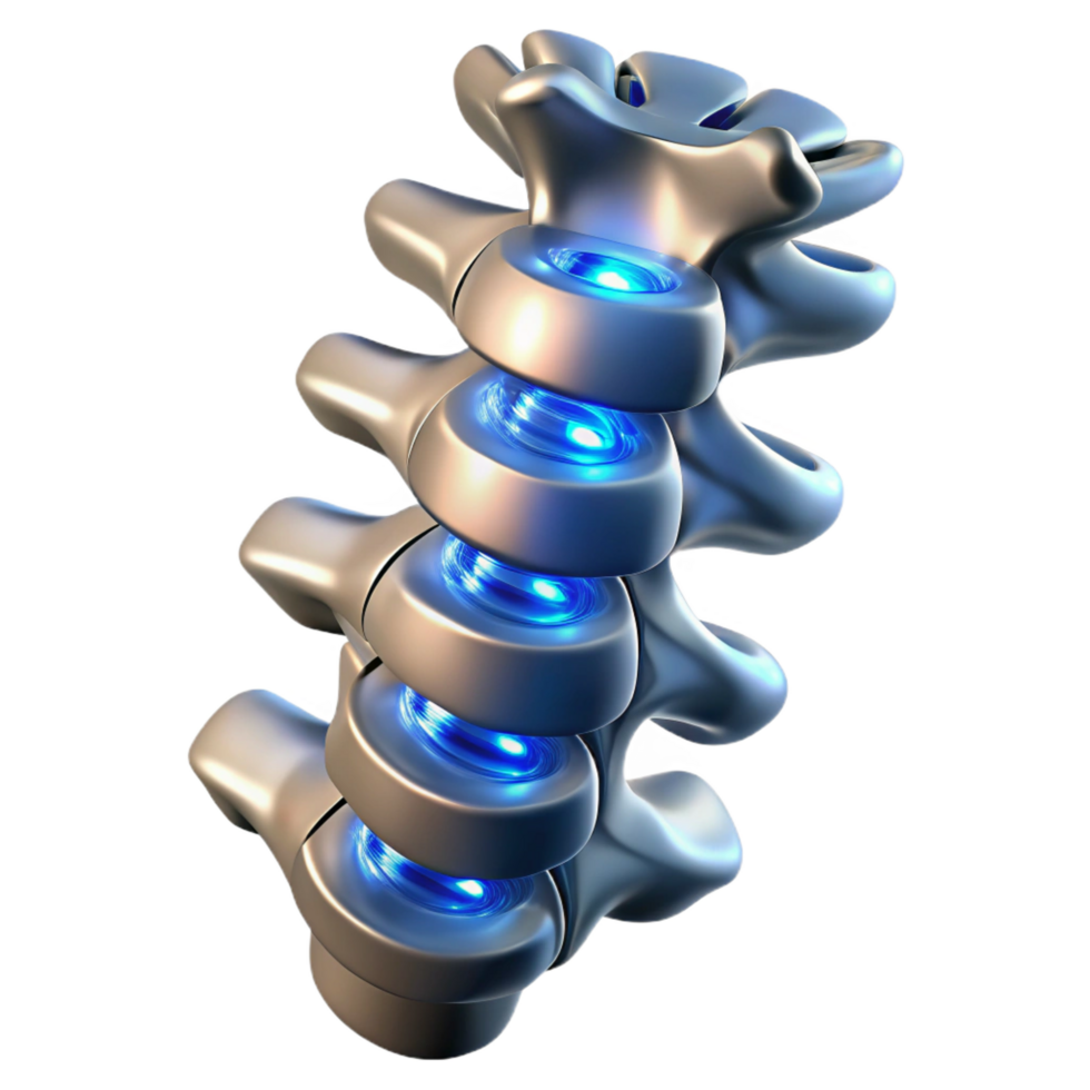 tranquil magnificent Cybernetic spine with glowing vertebrae and metallic plating NO BACKGROUND with Transparent Background. gallery standard png