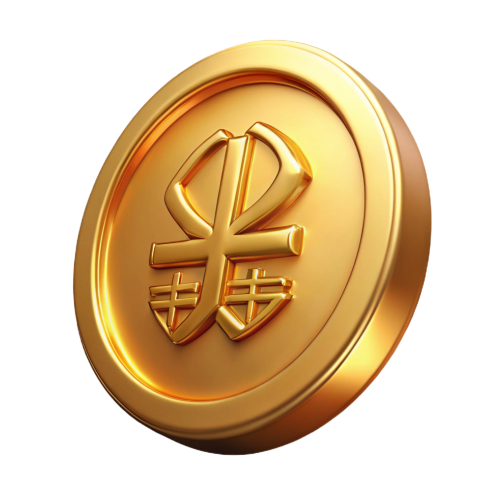 majestic acclaimed Single gold coin, embossed design, ancient script, NO BACKGROUND with Transparent Background. png