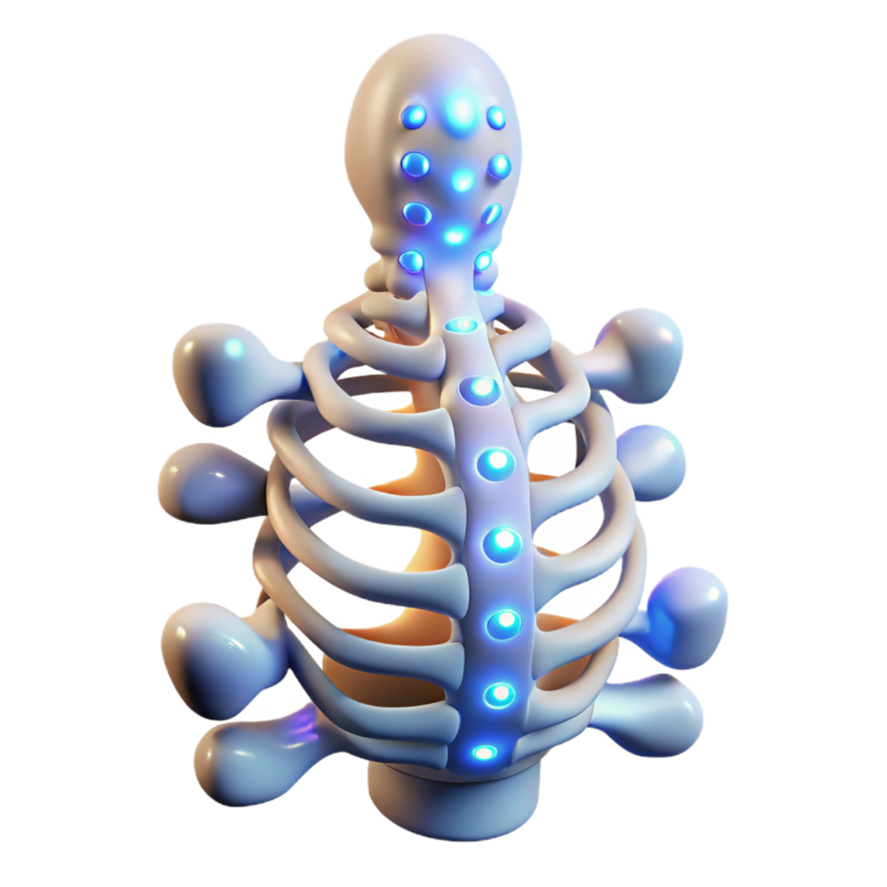 vibrant sought-after Cybernetically enhanced human spine with glowing nodes NO BACKGROUND with Transparent Background. png